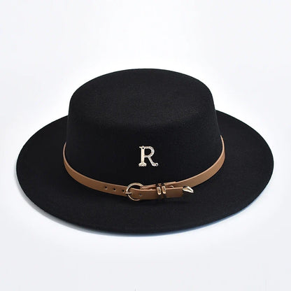 New Metal R Letter Fedora Hat for Women Fashionable Winter Flat Top Wedding Church Bowler Cap Females Elegant Holidays Hat