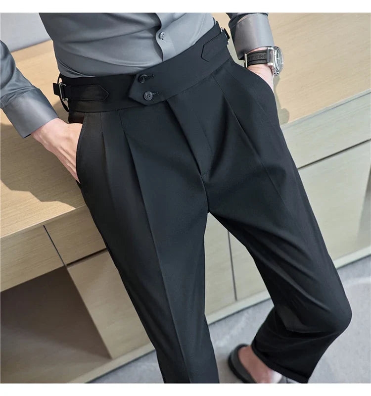 British Style Autumn New High Waist Trousers Men Belt Design Slim Fit Suit Pants Office Social Wedding Party Formal Pants Hommes