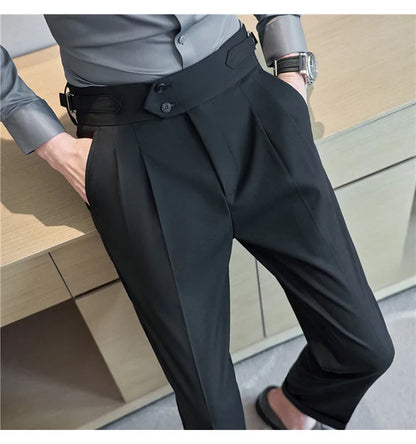 British Style Autumn New High Waist Trousers Men Belt Design Slim Fit Suit Pants Office Social Wedding Party Formal Pants Hommes