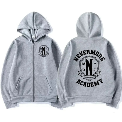 Men Women Nevermore Academy Logo Print Graphic Zipper Hoodie Casual Long Sleeve Harajuku Oversized Zip Up Coats Hoodies