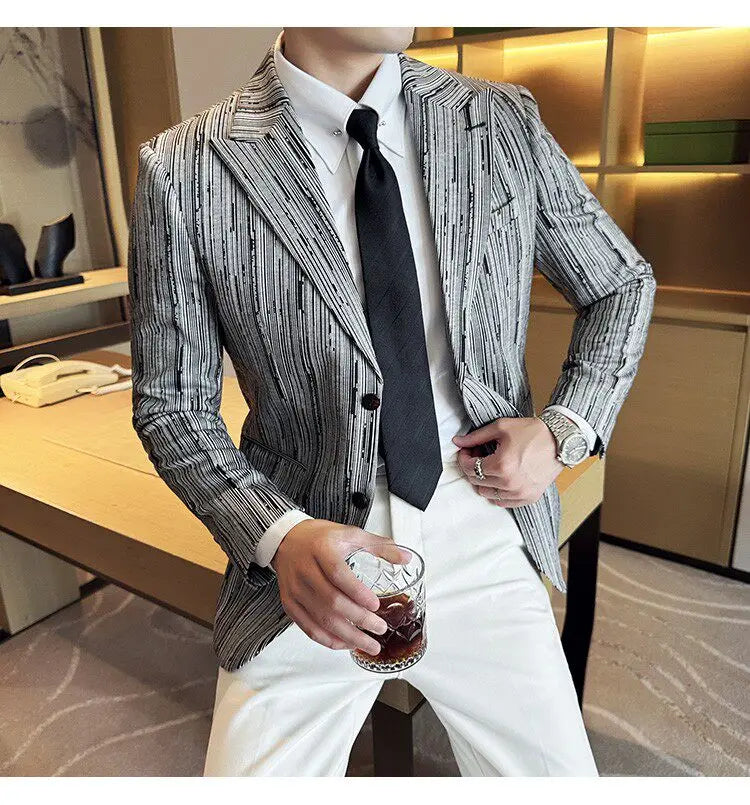 Fashion Meteor Line Checkered Elegant Suit Jacket Men Fashion De Luxe Business Slim Fit Single Breasted Social Party Dress Coats