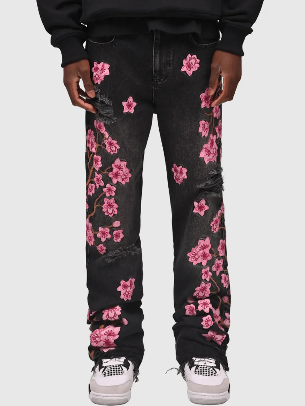 Men Jeans Print Straight Pants Men Denim Jean Button Pockets Pants Streetwear High Street Mid Waist Hole Spliced Spring Summer