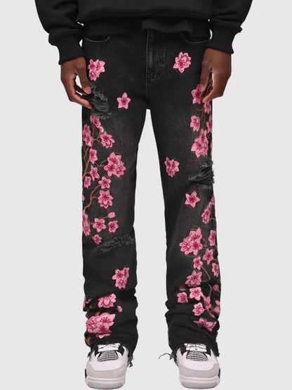 Men Jeans Print Straight Pants Men Denim Jean Button Pockets Pants Streetwear High Street Mid Waist Hole Spliced Spring Summer