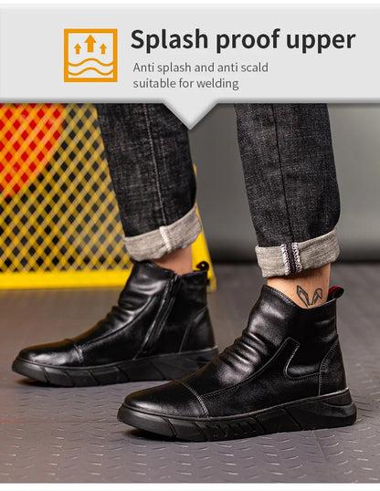 Fashion 2025 Black Leather Safety Work Shoes for Men Indestructible Steel Toe Cap Anti Nail Anti Slip Male Boots Footwear