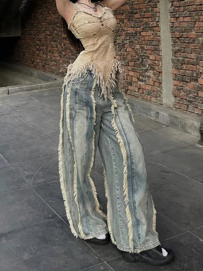 Women's Washed Y2K Baggy Japanese 2000s Denim Trouser Vintage Casual Tassels Pants Female Street Trashy Retro High Waist Jeans