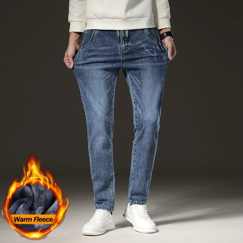 Warm Winter Jeans Men's Fleece Light Blue Slim Straight Denim Pants High Quality Thicken Velvet Elastic Comfort Casual Trousers