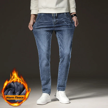 Warm Winter Jeans Men's Fleece Light Blue Slim Straight Denim Pants High Quality Thicken Velvet Elastic Comfort Casual Trousers