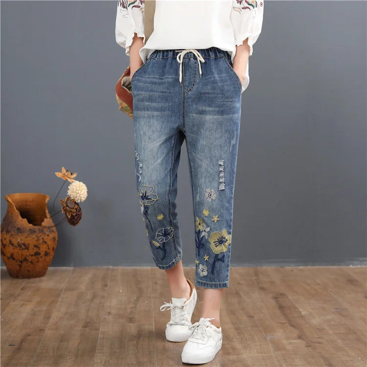 Chinese Summer Fashion Style Ladies Vintage Embroidery Jeans Womens Casual Floral Denim Trousers Ripped Harem Pants
