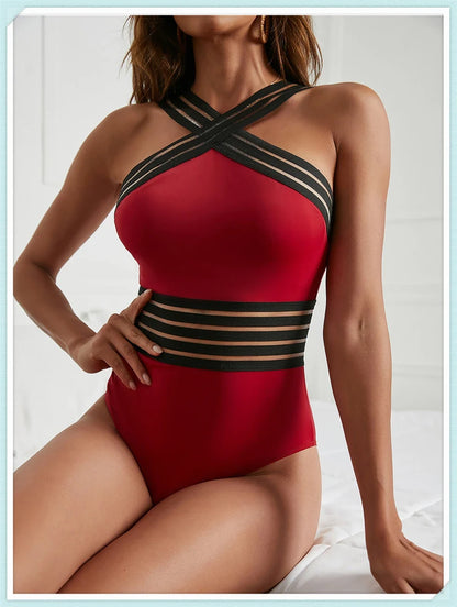Solid Mesh Tape Swimsuit 2026 One Piece Sexy High Neck Swimwear Women Cross Front Bathing Suit Female Padded Beachwear Bodysuit