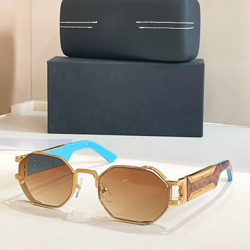 Polygon Rectangle Designer Sunglasses Men Alloy Acetate Germany Brand Trendy High Quality UV400 Classical Vinatge with Case