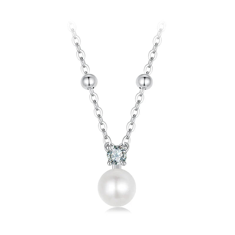 Shiny Moissanite Pearl Pendant Necklace For Women Wedding Party 925 Sterling Silver with White Gold Plating Jewelry