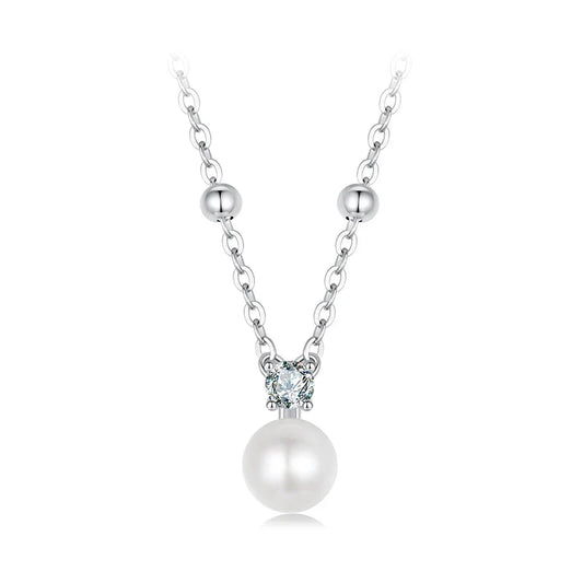 Shiny Moissanite Pearl Pendant Necklace For Women Wedding Party 925 Sterling Silver with White Gold Plating Jewelry