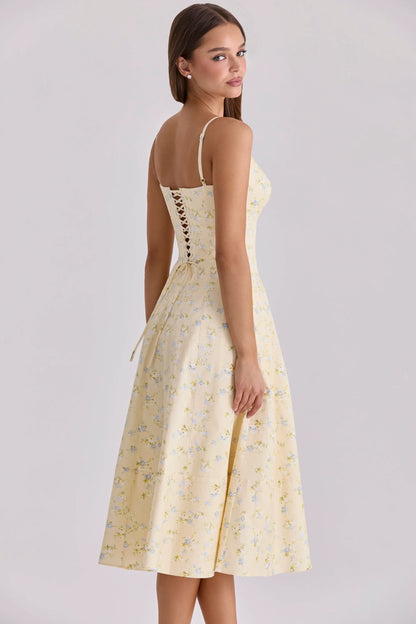 Summer V-neck Lace-up Back Floral Print A-line Midi Dress Casual Party Sun Dress for Women