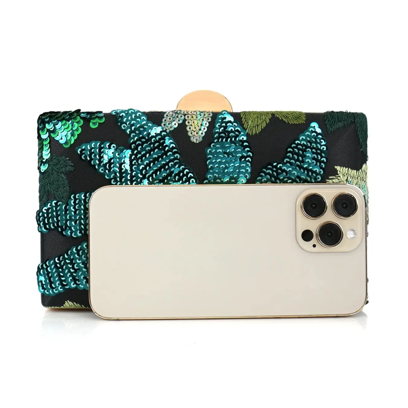 Green Sequin Embroidered Floral Evening Bag Ladies Square Box Bag Unique Pattern Glittering Party Wedding Dance Suitable