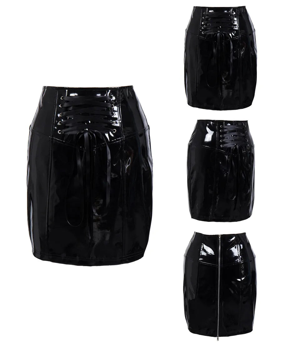 Gothic Black Skirts for Women Latex PVC Leather Pencil Mini Skirt Lace Up Zip Shiny Bodycon Skirts Sexy Club Y2k Clothes