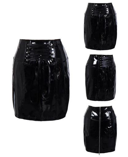 Gothic Black Skirts for Women Latex PVC Leather Pencil Mini Skirt Lace Up Zip Shiny Bodycon Skirts Sexy Club Y2k Clothes