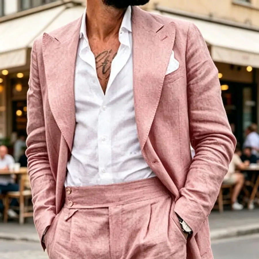 Linen Men Suits with Wide Lapel 2 Piece Prom Wedding Lightweight Summer Beach Groom Outfit Casual Formal Blazer Trousers Set