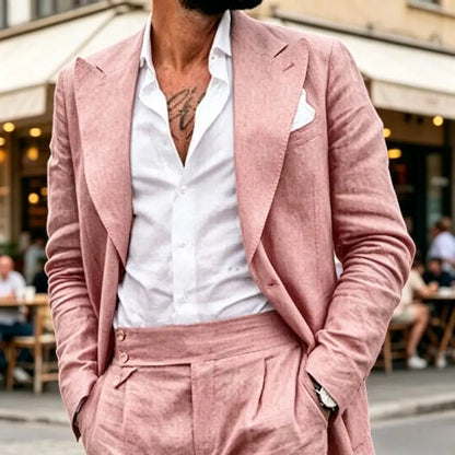 Linen Men Suits with Wide Lapel 2 Piece Prom Wedding Lightweight Summer Beach Groom Outfit Casual Formal Blazer Trousers Set