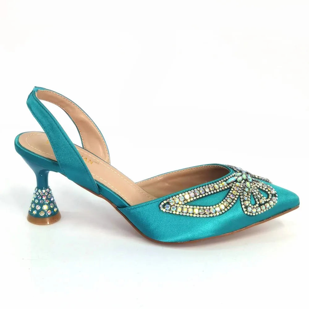 New Elegant Green Bling Bow Pointed Toe Pumps for Women 2024 Party italian Rhinestones shoes and bags matching set