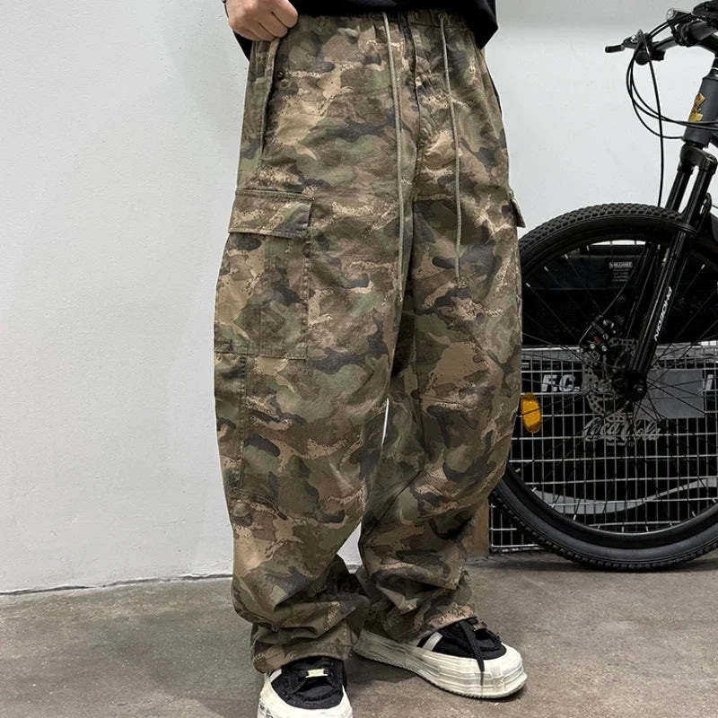 Vintage Camouflage Cargo Pants Men Tactical Multi Pocket Loose Fit Straight Leg Outdoor Casual High Quality Work Pants Trendy