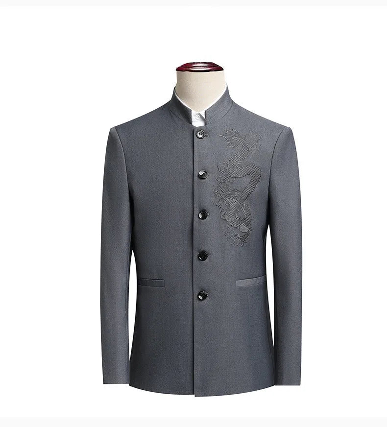 2026 New Men's Stand Collar Long Sleeve Suit Jacket, Asian Size Chinese-Style Slim-Fit Blazer in Dark Blue/Red/Grey/Black/White
