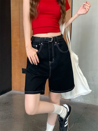 High-Waisted Straight-Leg Jeans Shorts for Women Summer New Style Slimming Black Five-Point Loose Wide-Leg Mid-Length Y2K Shorts