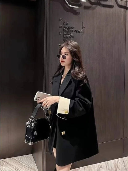 Unique Niche Black Double Breasted Women Blazer New Spring Autumn Office Commuter Mid Length Premium Light Luxury Suit Jacket