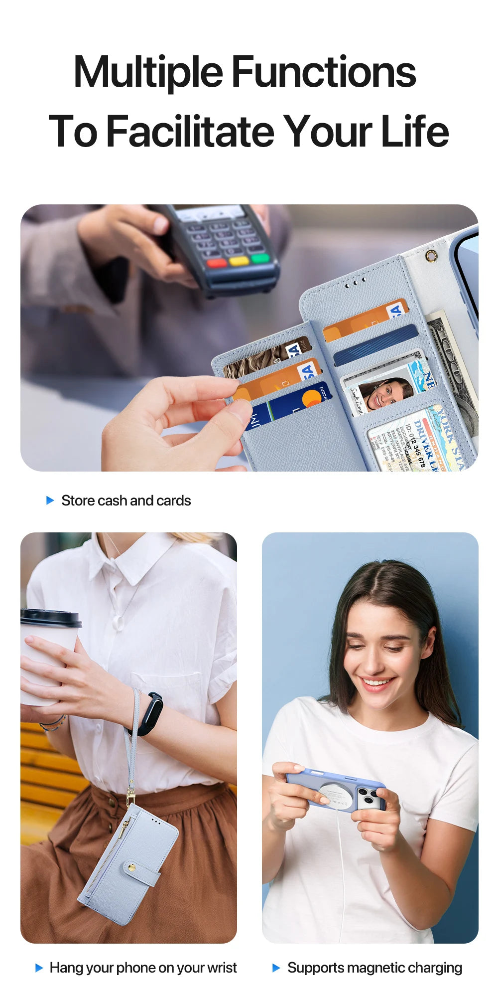 2in1 Magnetic Detachable Wallet Folio Case for iPhone 17 Pro Max/17 Air/16plus 15Leather Cover with Card Slots & Clasp