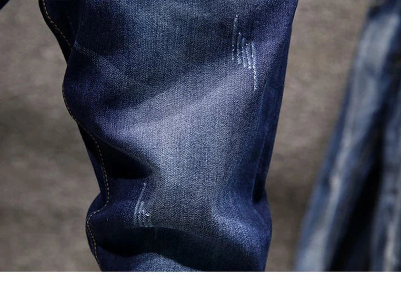 American Elastic Straight Jeans Men Ripped Worn-out Slim-fit Cotton Denim Pants Korean Style Fashion Blue Black Men's Clothing