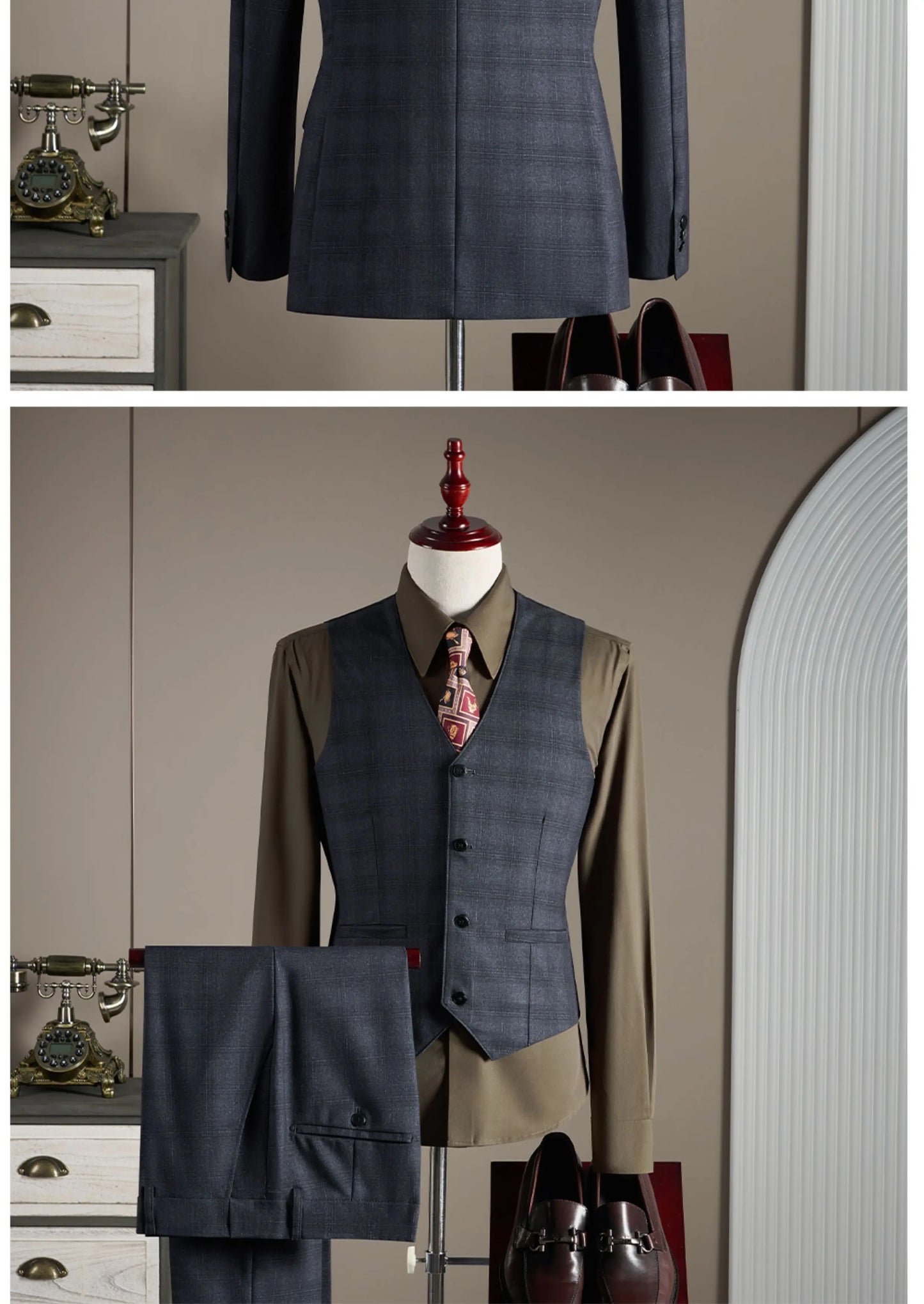 High-quality, Fashionable and Stylish Wedding Casual Checkered Suit Set, Men's Business Casual Suit Three-piece Set