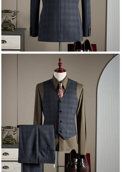 High-quality, Fashionable and Stylish Wedding Casual Checkered Suit Set, Men's Business Casual Suit Three-piece Set