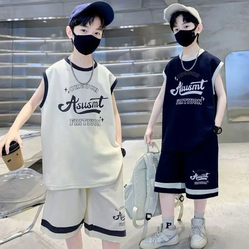 Summer Boys Quick-dry Alphabet Sleeveless Tee Top+Shorts Sportswear Set School Kids 2PCS Tracksuit Children Jersey Outfit 5-16Yr
