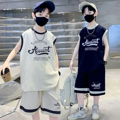 Summer Boys Quick-dry Alphabet Sleeveless Tee Top+Shorts Sportswear Set School Kids 2PCS Tracksuit Children Jersey Outfit 5-16Yr