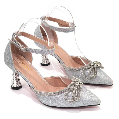 2023 Ladies Pointed-Toe Party High Heels Magenta Colour Bow Rhinestone Stereo Bag Evening  African Wedding Shoe And Bag Set