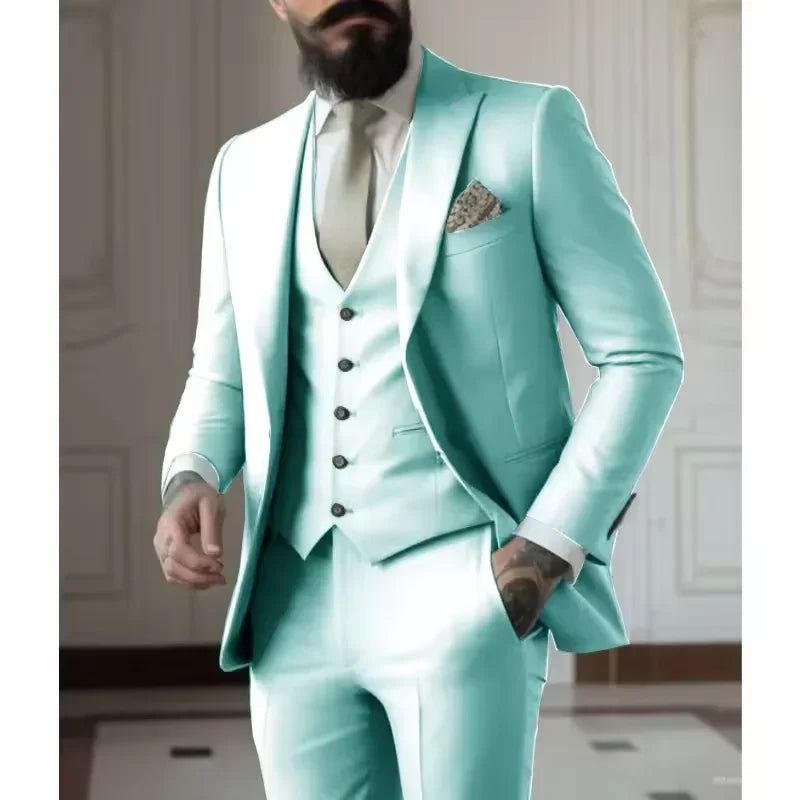 Classy Men Suits 3 Pieces Light Green Peak Lapel Jacket Vest Pants Classic Set for Wedding Groom Wedding Business Events Dress