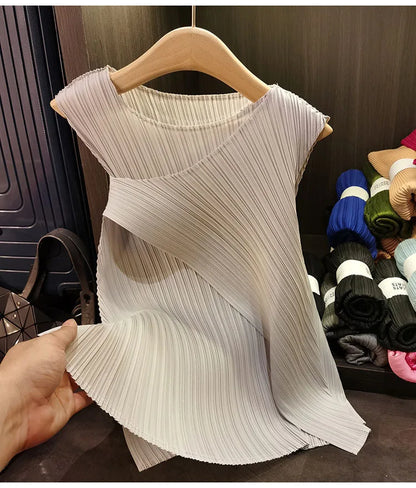 Sleeveless T-shirt Miyake Pleated Summer New Round Neck Slim Thin Versatile Irregular Women's Undershirt Tops Multiple Ways Wear
