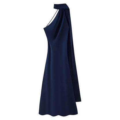 Elegant Long Silk Satin Dress Neck Hanging Pure Color Slim Fit Summer New Fashion Women's Dress City Commuting Casual Wedding