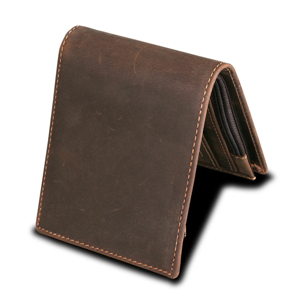 Portefeuille Rétro RFID en Cuir Véritable pour Homme, Design Simple, avec Porte-Cartes, Sacs à Monnaie, Portefeuilles Courts en Cuir Huilé pour Homme
