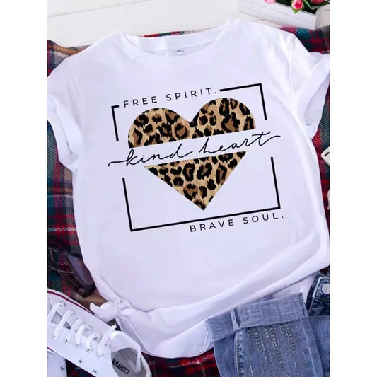Plus Size Brave Soul L American Retro Letters Love White T-shirt Women Short Sleeve Round Neck Casual Top Summer Aesthetics Tops