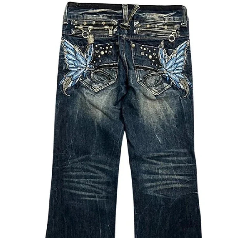 Embroidered Women Jeans Y2K Millennium Harajuku Slim Flared Jeans American Fashion High Street Large Size Butterfly