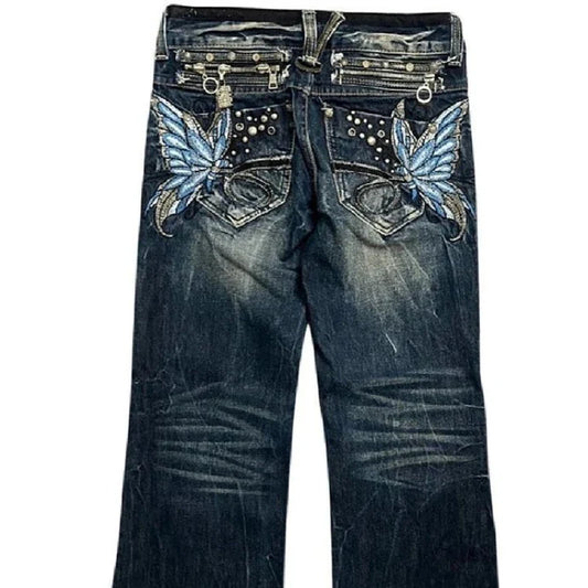 Embroidered Women Jeans Y2K Millennium Harajuku Slim Flared Jeans American Fashion High Street Large Size Butterfly