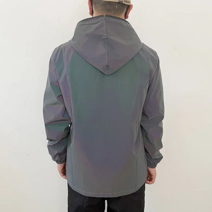 Men's Night Reflective Windproof Hooded Jacket Hip-hop Streetwear Couple Trend Coat for Outdoor Cycling Jogging Safety Clothing