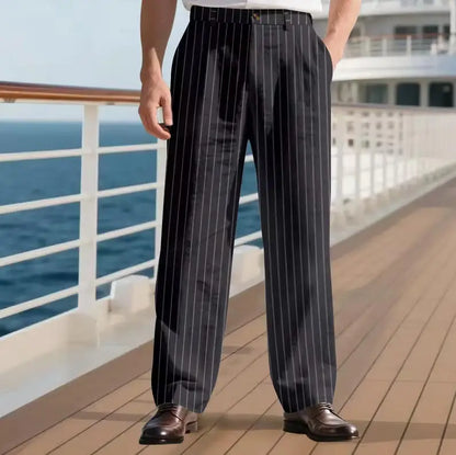 Men's Pinstripe Pants Linen Trousers  Solid Color Loose Fit Half Elastic Waist Straight Leg Breathable Soft For Summer Beach