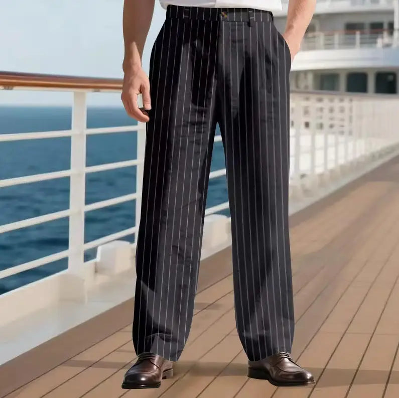 Men's Pinstripe Pants Linen Trousers  Solid Color Loose Fit Half Elastic Waist Straight Leg Breathable Soft For Summer Beach