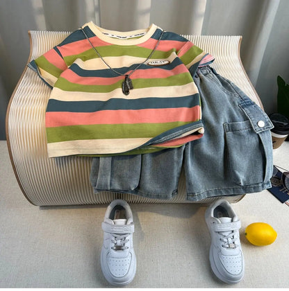 Korean Children's Summer Clothes Kids Set Outfits Boys 2026 Handsome Sleeveless&Short Sleeved T-shirt Denim Shorts 2-piece Set