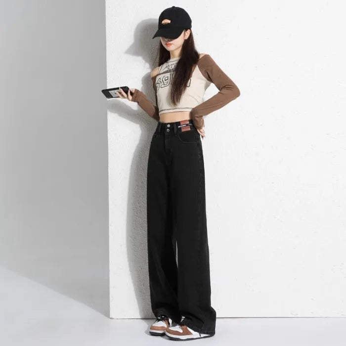 Slim Wide Leg Denim Jeans High Waist Double Bule Straight Cut Pants for Women Bla ey Autumn New Arrival Faionable Wea...