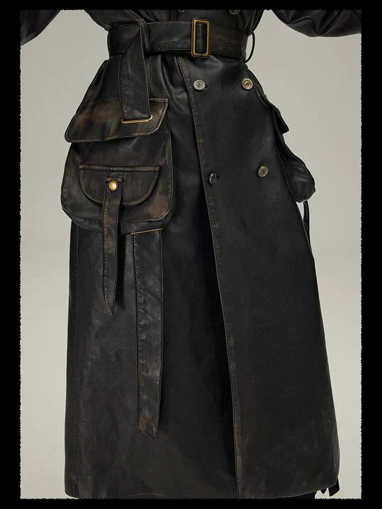 Spring Autumn Long  Distressed Black Pu Leather Trench Coat Men Belt Double Breasted Luxury European Fashion 2023