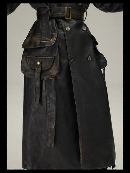 Spring Autumn Long  Distressed Black Pu Leather Trench Coat Men Belt Double Breasted Luxury European Fashion 2023