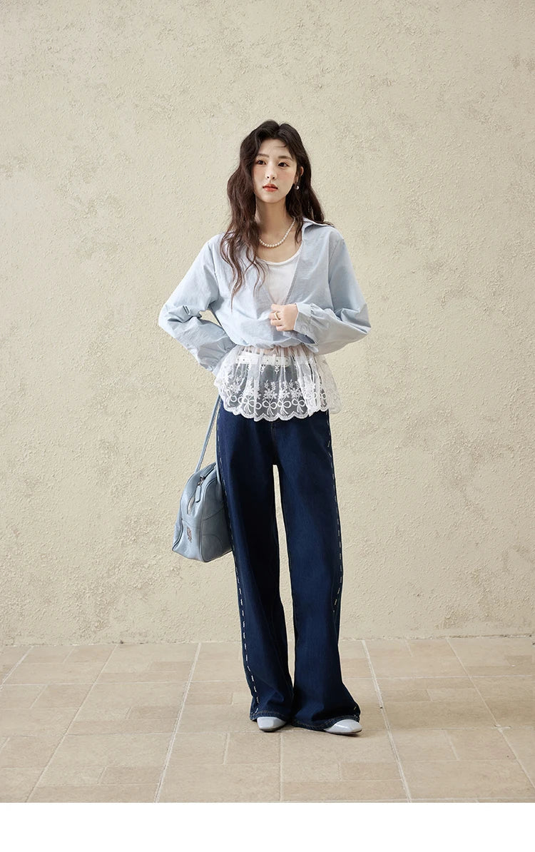 French Spring Shirts Women 2025 Long Sleeve Turn-down Collar Fake Two-piece Blouses Female Splicing Lace Tops MXE16C0783