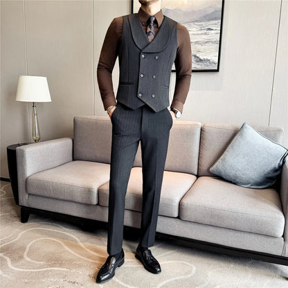 ( Vest+Pants) Autumn Winter Thicken Wool Striped Suit Vest 2 pieces Men Fashion Slim Fit Business Casual Wedding Dress Vest Sets
